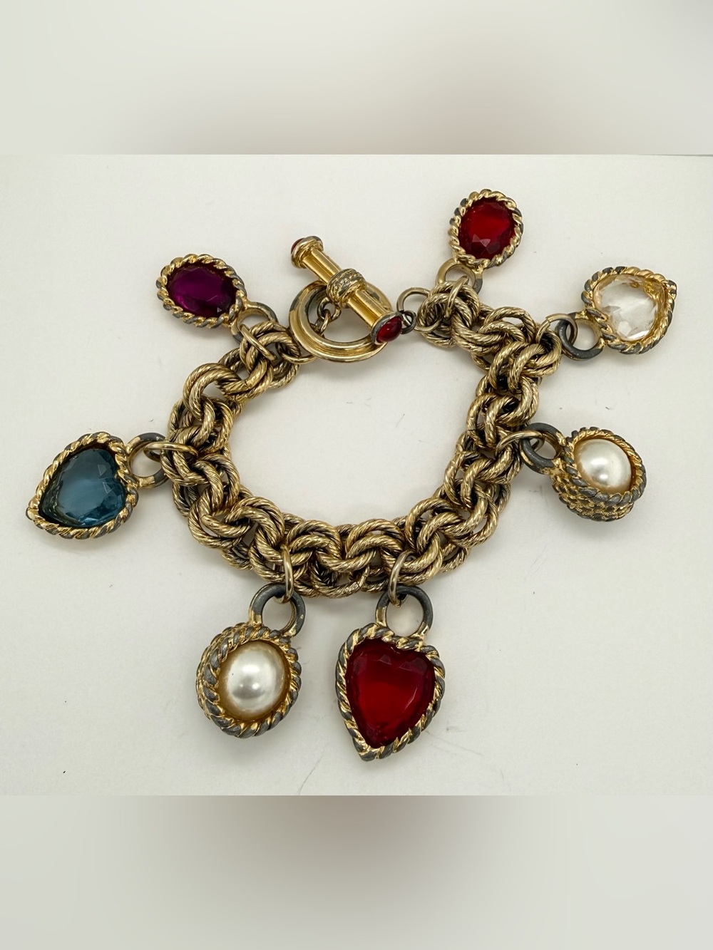 Givenchy Vintage 1980s Gripoix Pearl Heart Oval Red Blue Purple White Bracelet